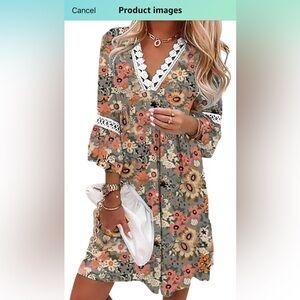 Generic. Womens Boho Floral Dress 3/4 Sleeve Sundress Lace V Neck Dress Vintage